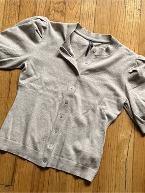 Anthropologie Short-Sleeve Puff-Sleeve Button Cardigan in Light Beige
